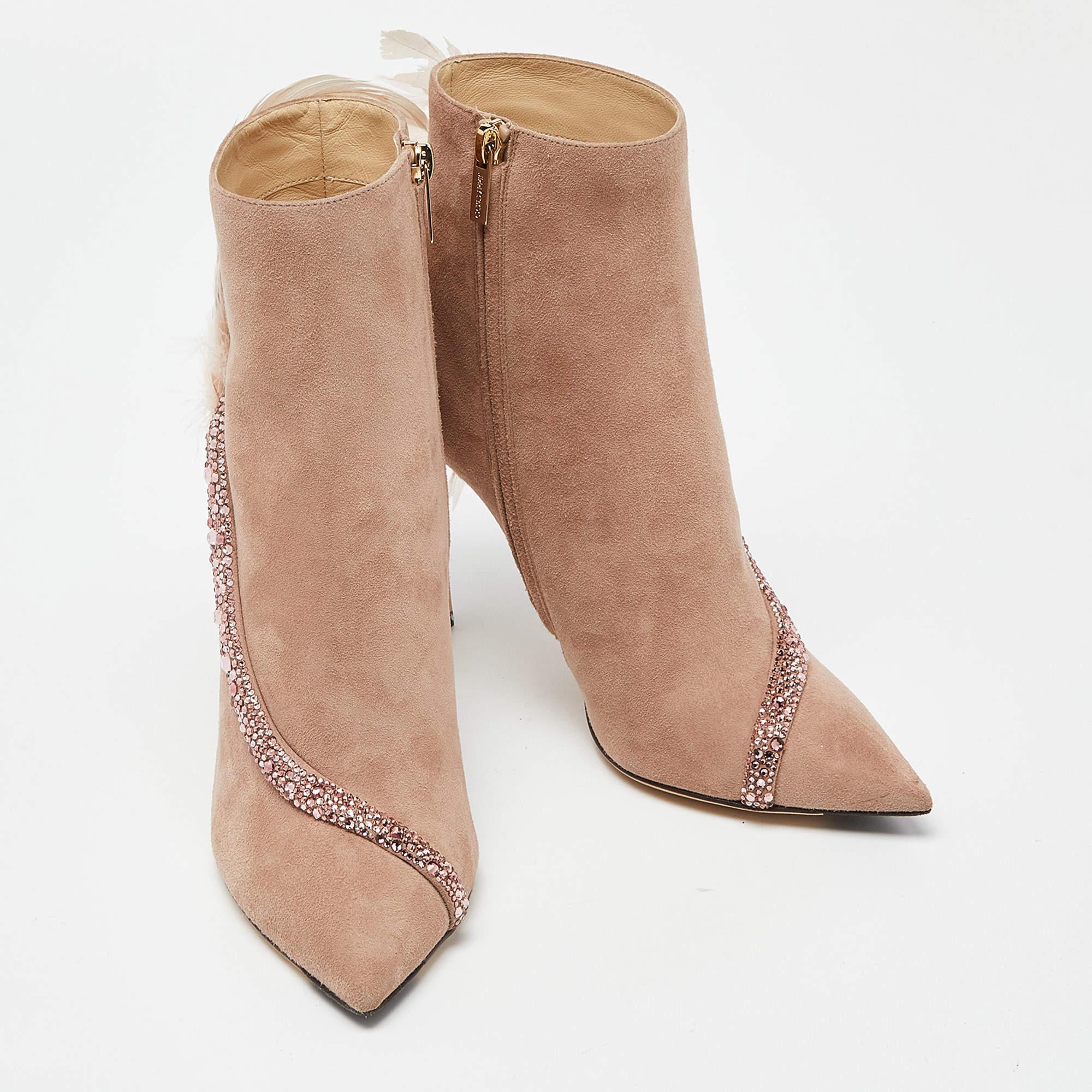 Women's Jimmy Choo Pink Suede and Feather Crystal Embellished Ankle Boots Size 39 For Sale