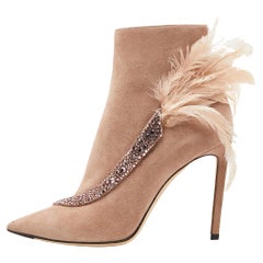 Jimmy Choo Pink Suede and Feather Crystal Embellished Ankle Boots Size 39