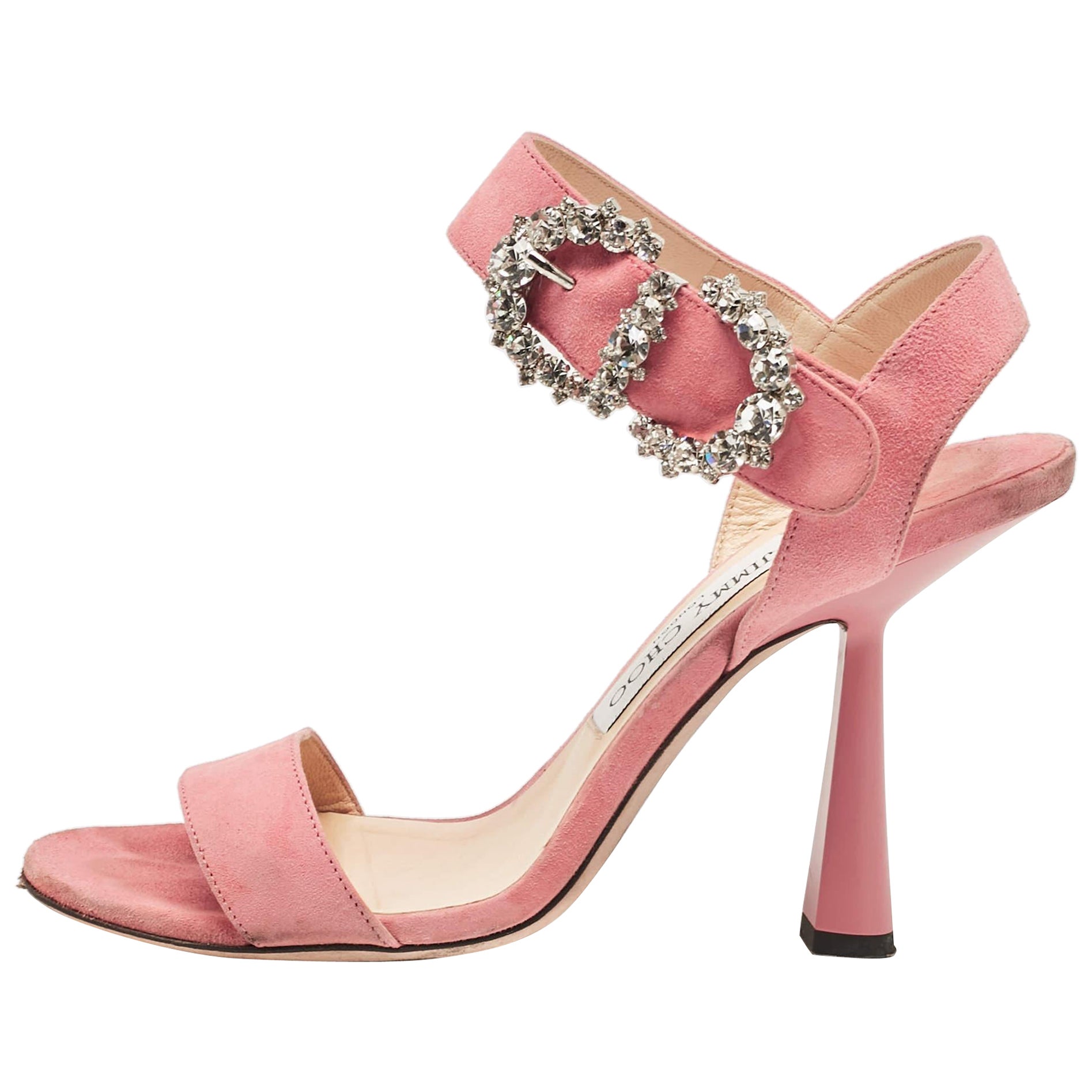 Jimmy Choo Pink Suede Crystal Embellished Ankle Strap Sandals Size 39