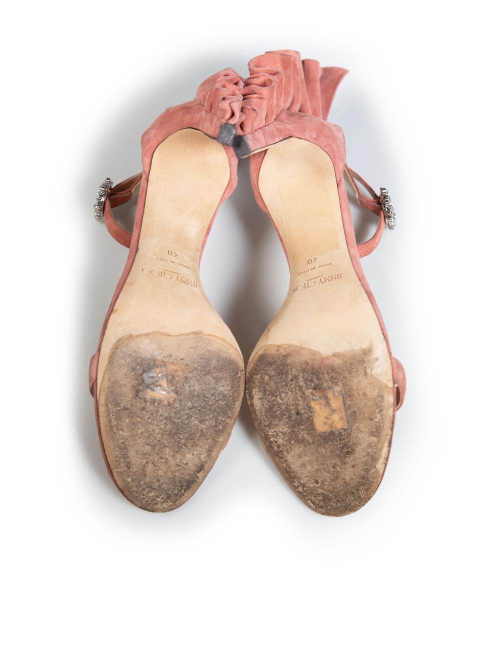Jimmy Choo Pink Suede Ruffles Accent Sandals Size IT 40 In Good Condition For Sale In London, GB