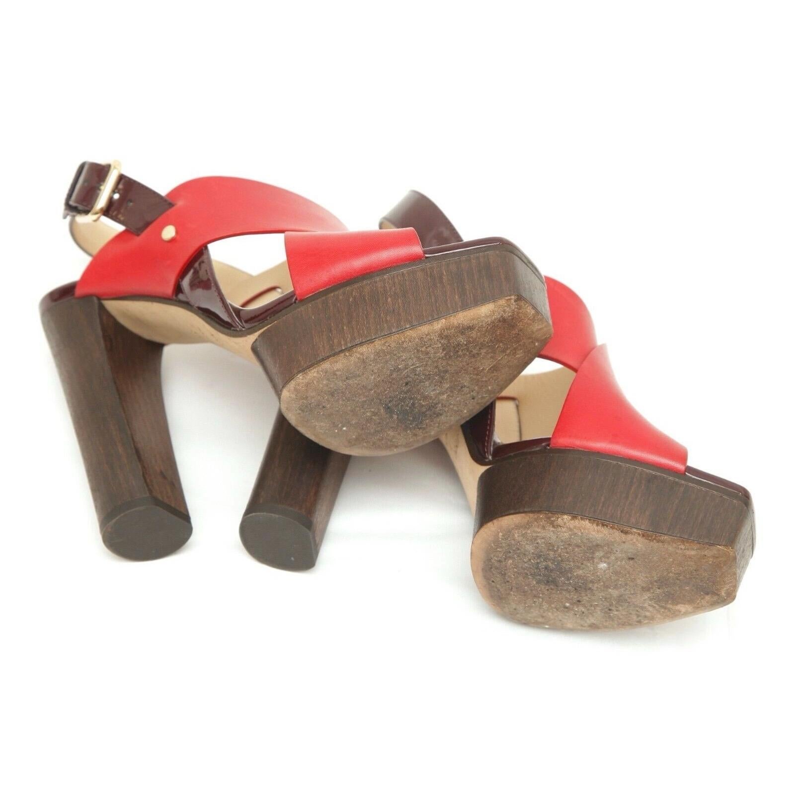 JIMMY CHOO Platform Sandal AIX 125 Red Leather Wood Heels Gold Patent Sz 38.5 For Sale 5