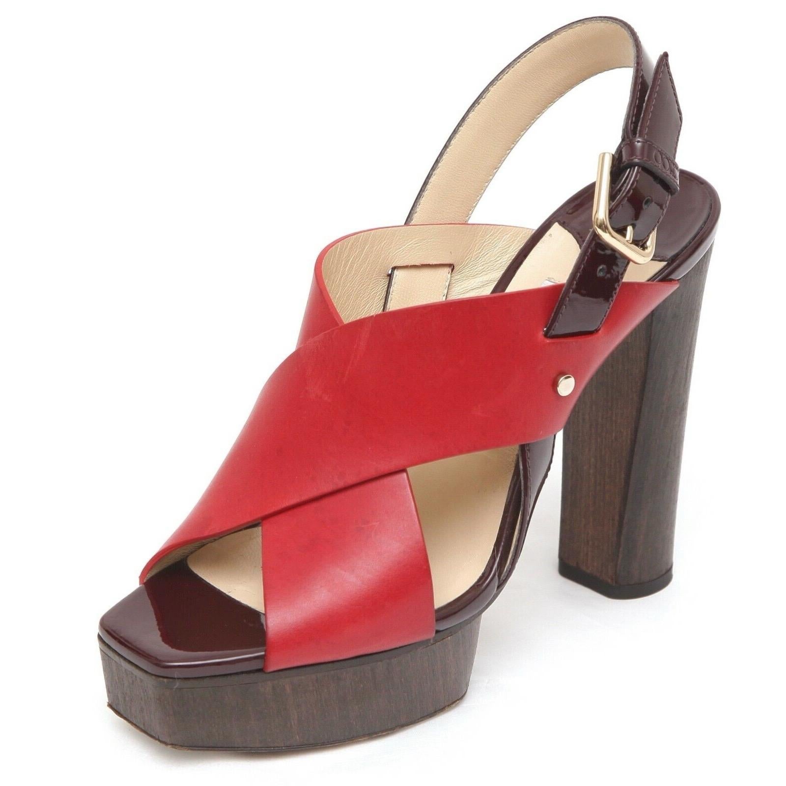 Brown JIMMY CHOO Platform Sandal AIX 125 Red Leather Wood Heels Gold Patent Sz 38.5 For Sale