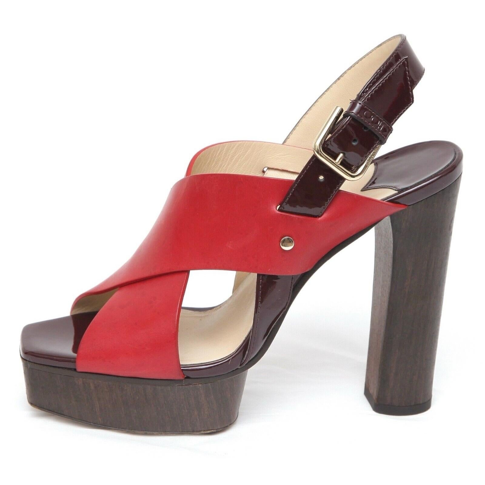 JIMMY CHOO Platform Sandal AIX 125 Red Leather Wood Heels Gold Patent Sz 38.5 In Good Condition For Sale In Hollywood, FL