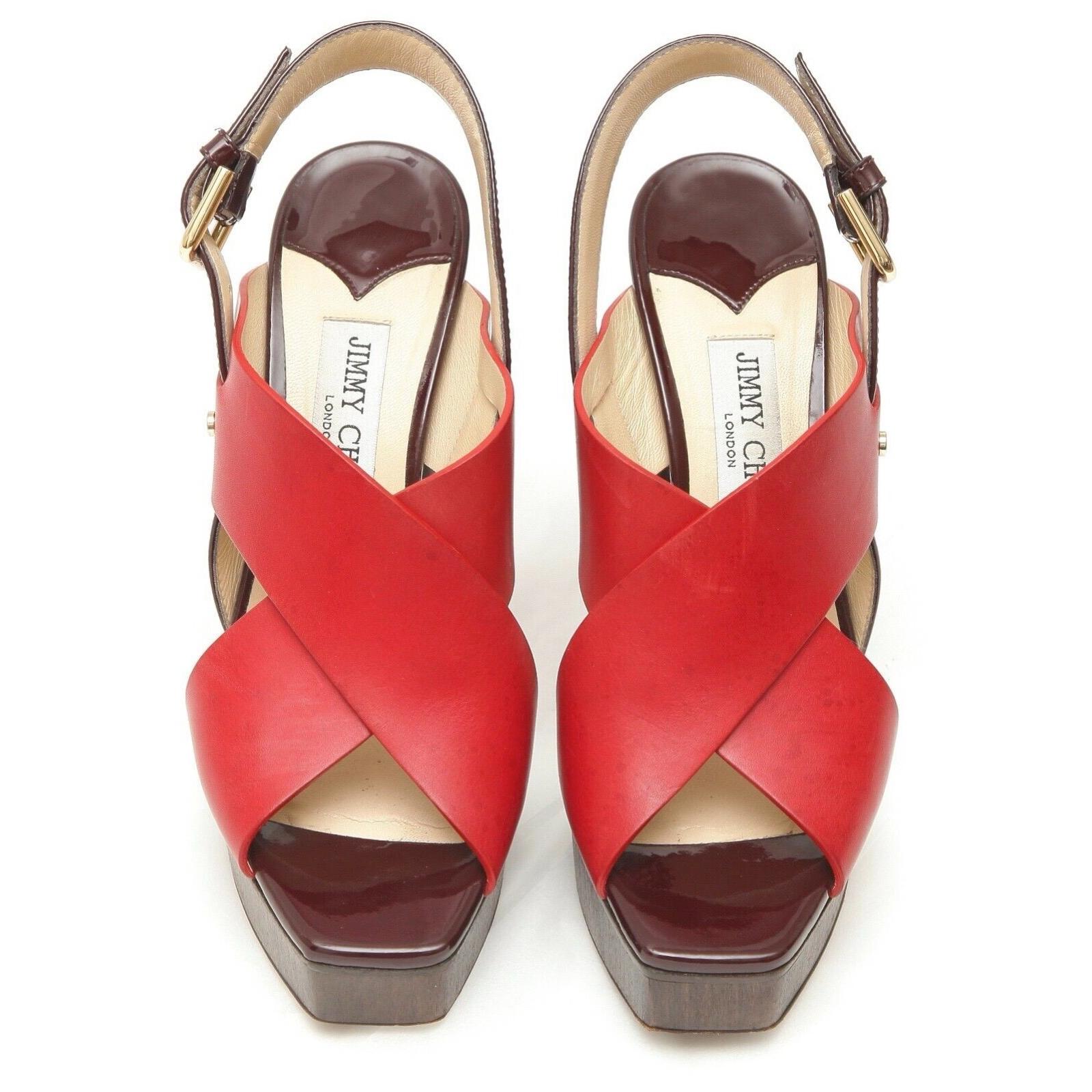 Women's JIMMY CHOO Platform Sandal AIX 125 Red Leather Wood Heels Gold Patent Sz 38.5 For Sale
