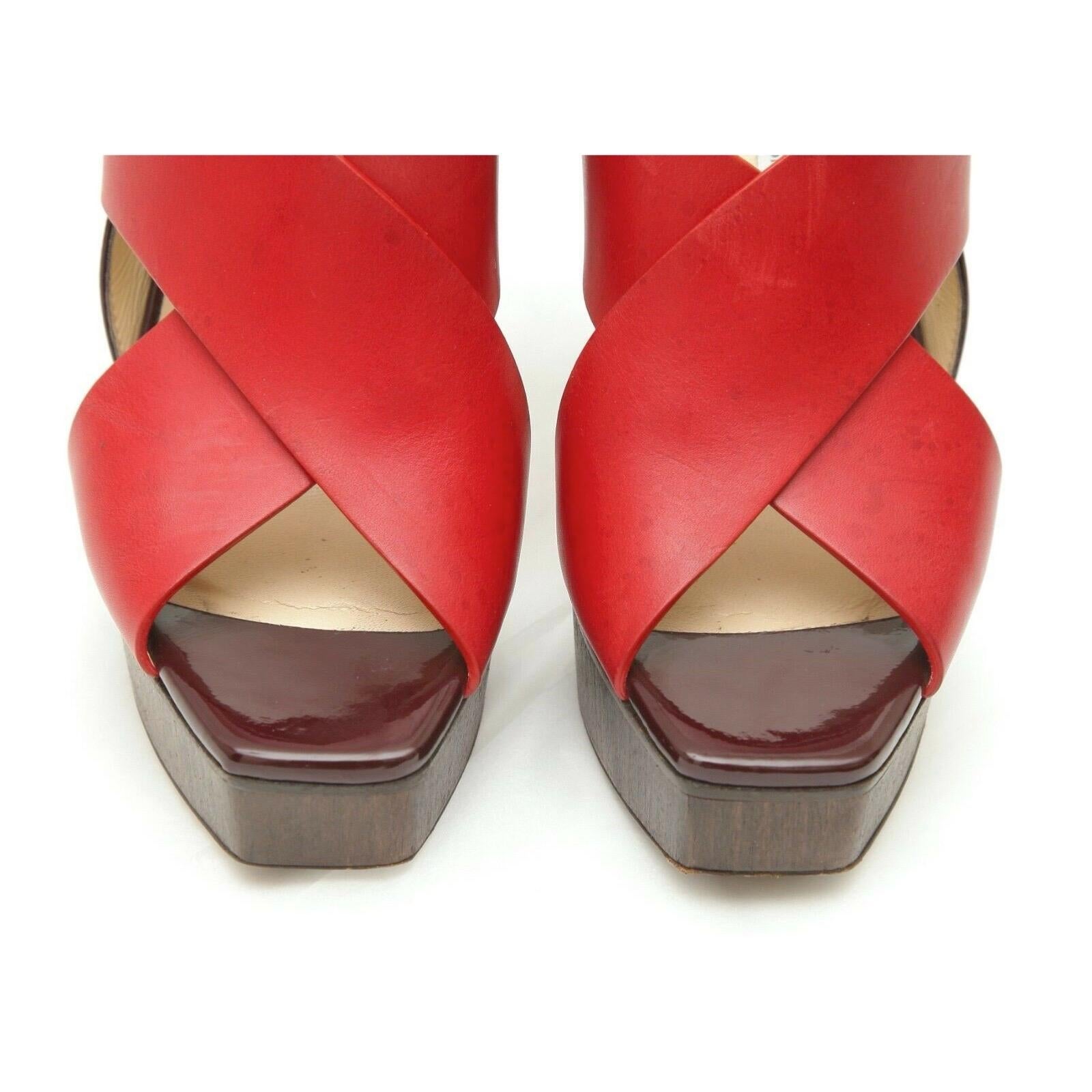 JIMMY CHOO Platform Sandal AIX 125 Red Leather Wood Heels Gold Patent Sz 38.5 For Sale 1