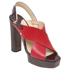 JIMMY CHOO Platform Sandal AIX 125 Red Leather Wood Heels Gold Patent Sz 38.5