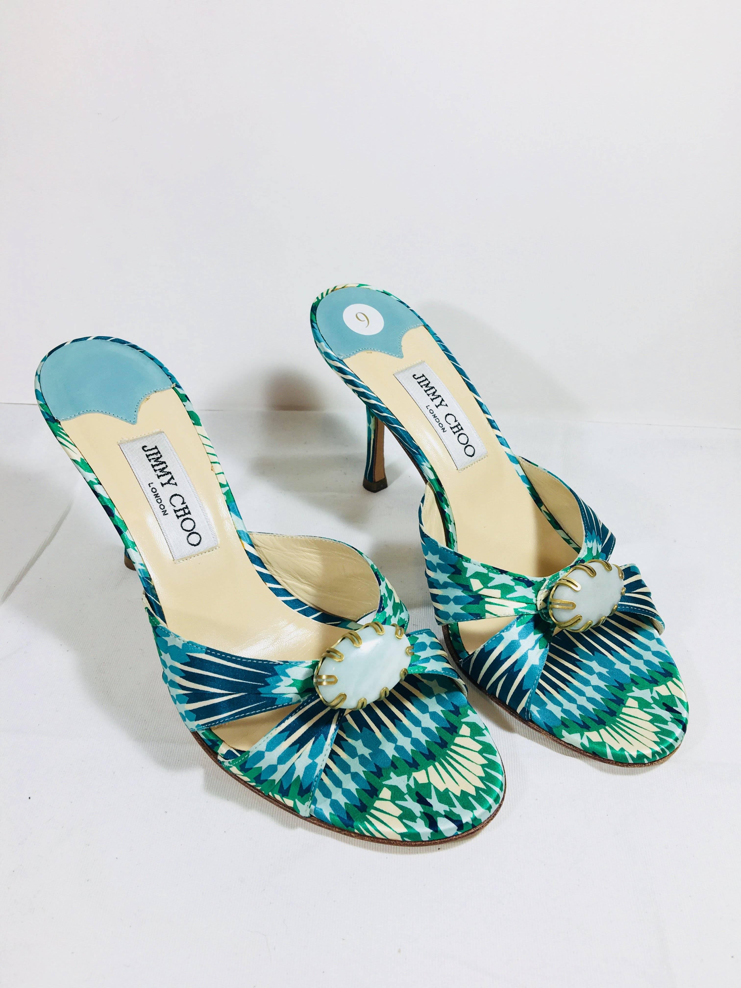Jimmy Choo Satin Green Multi Colored Printed Open Toe Mule Pumps with Turquoise Stone at Toe.