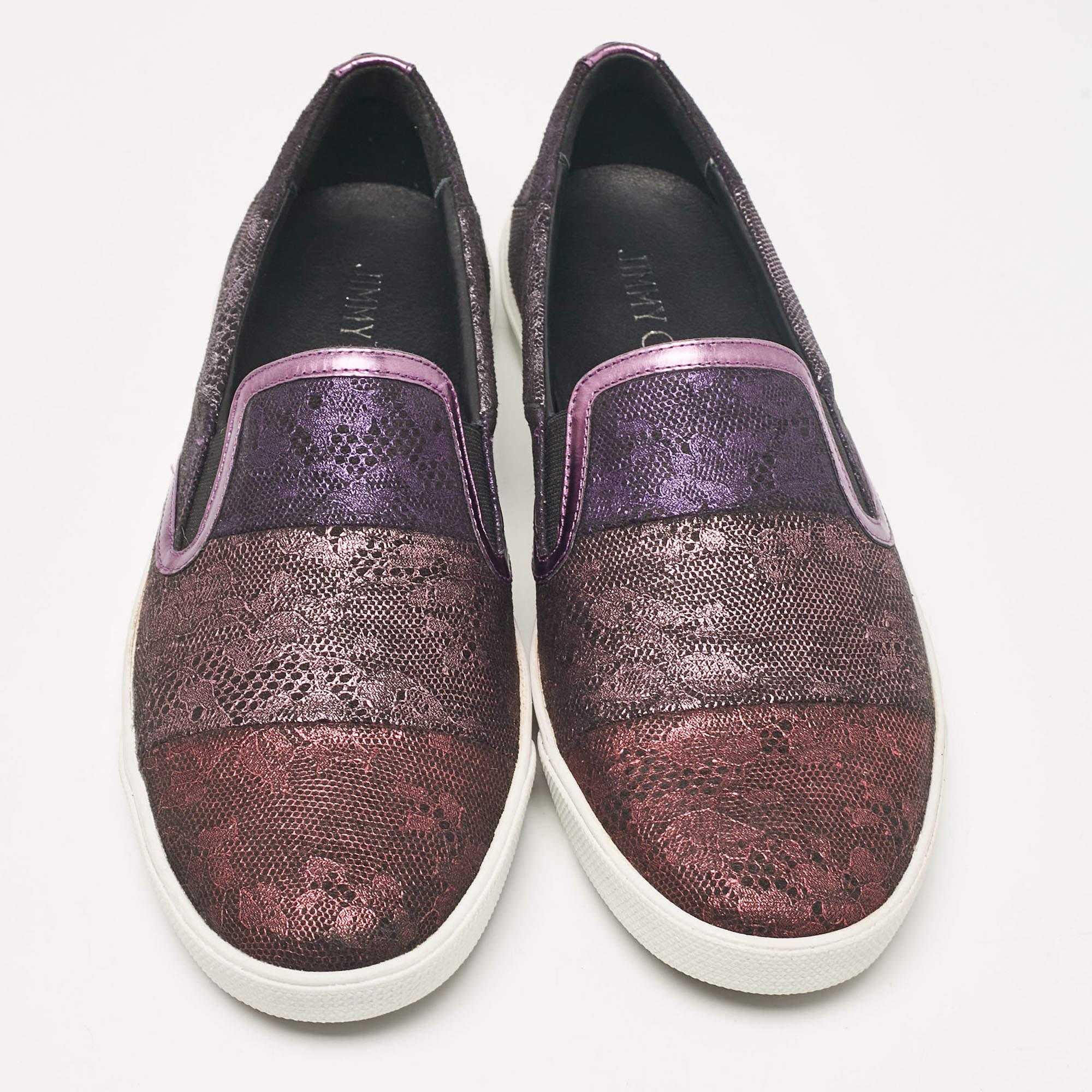 Gray Jimmy Choo Purple/Black Lace and Leather Demi Slip On Sneakers Size 40 For Sale