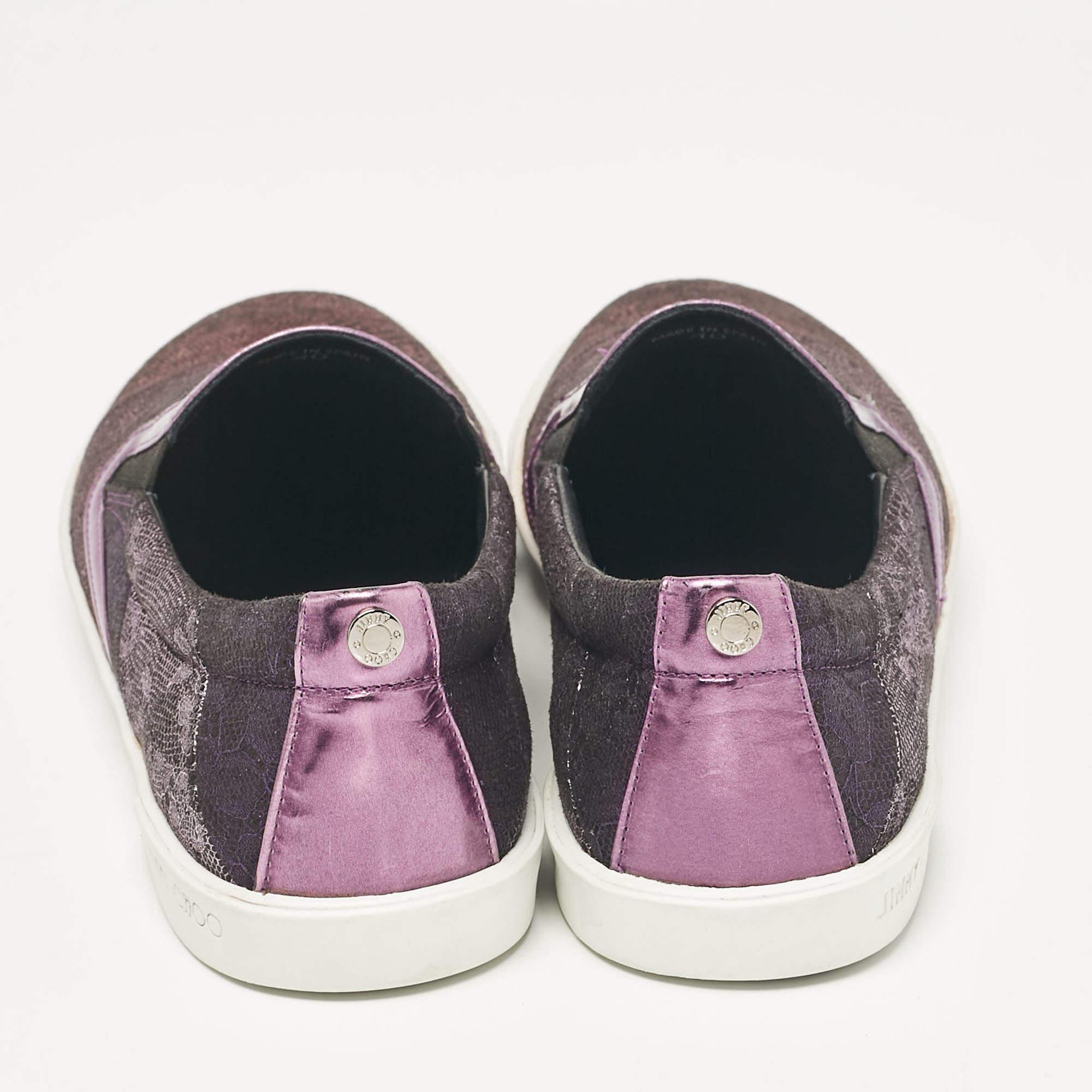 Women's Jimmy Choo Purple/Black Lace and Leather Demi Slip On Sneakers Size 40 For Sale