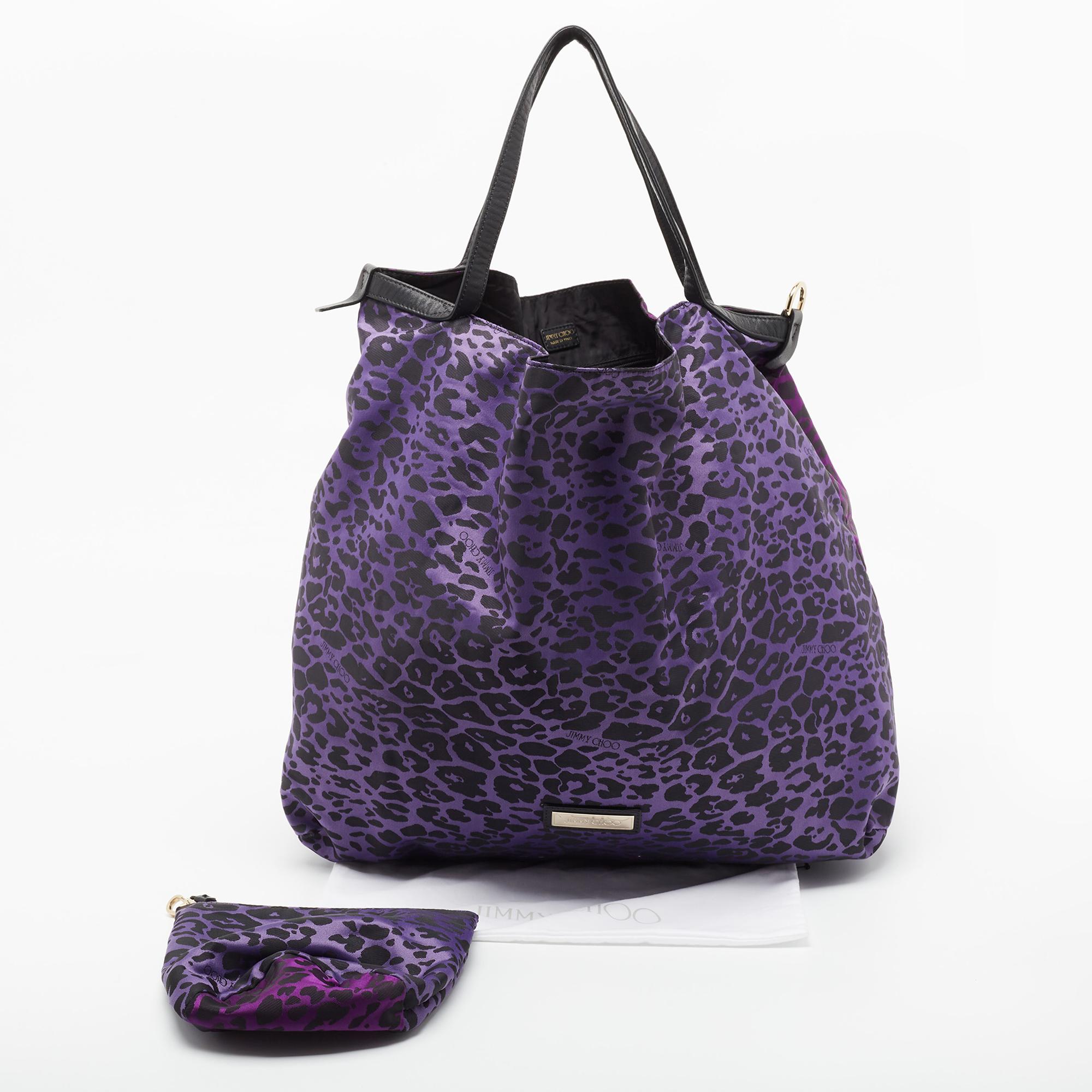 Jimmy Choo Purple/Black Leopard Print Fabric Zip Shopper Tote For Sale 9