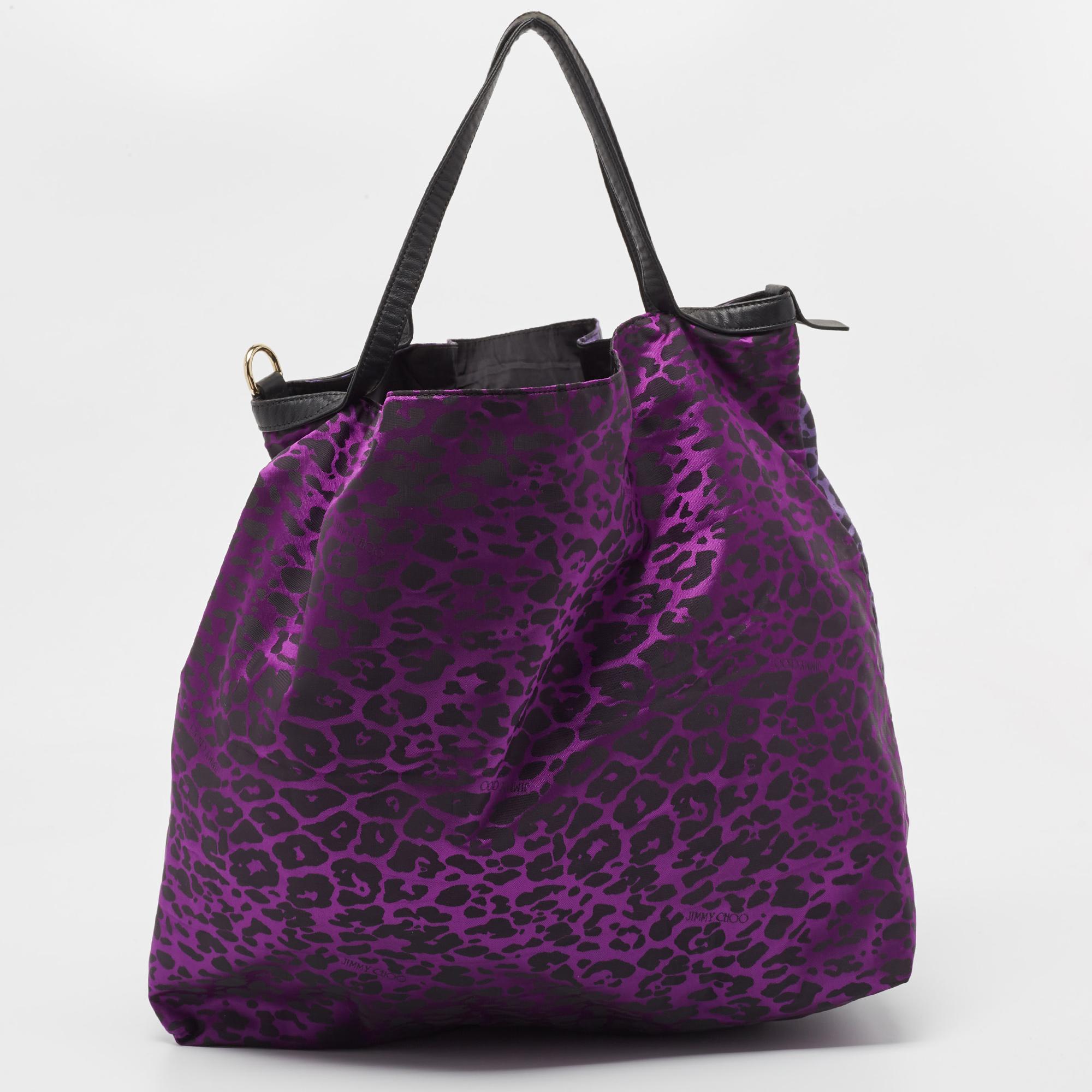 Jimmy Choo Purple/Black Leopard Print Fabric Zip Shopper Tote For Sale 4