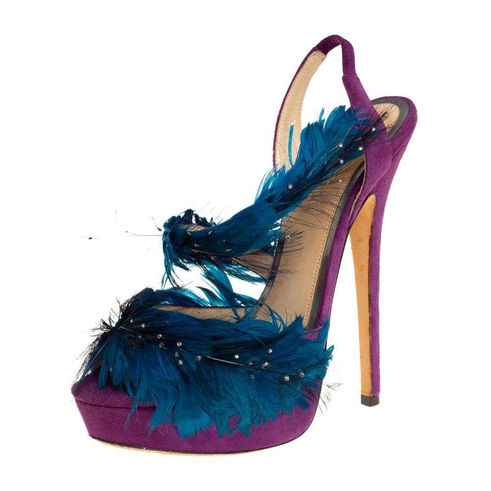 Jimmy Choo Purple/Blue Feather And Suede Marlene Sandals Size 38.5