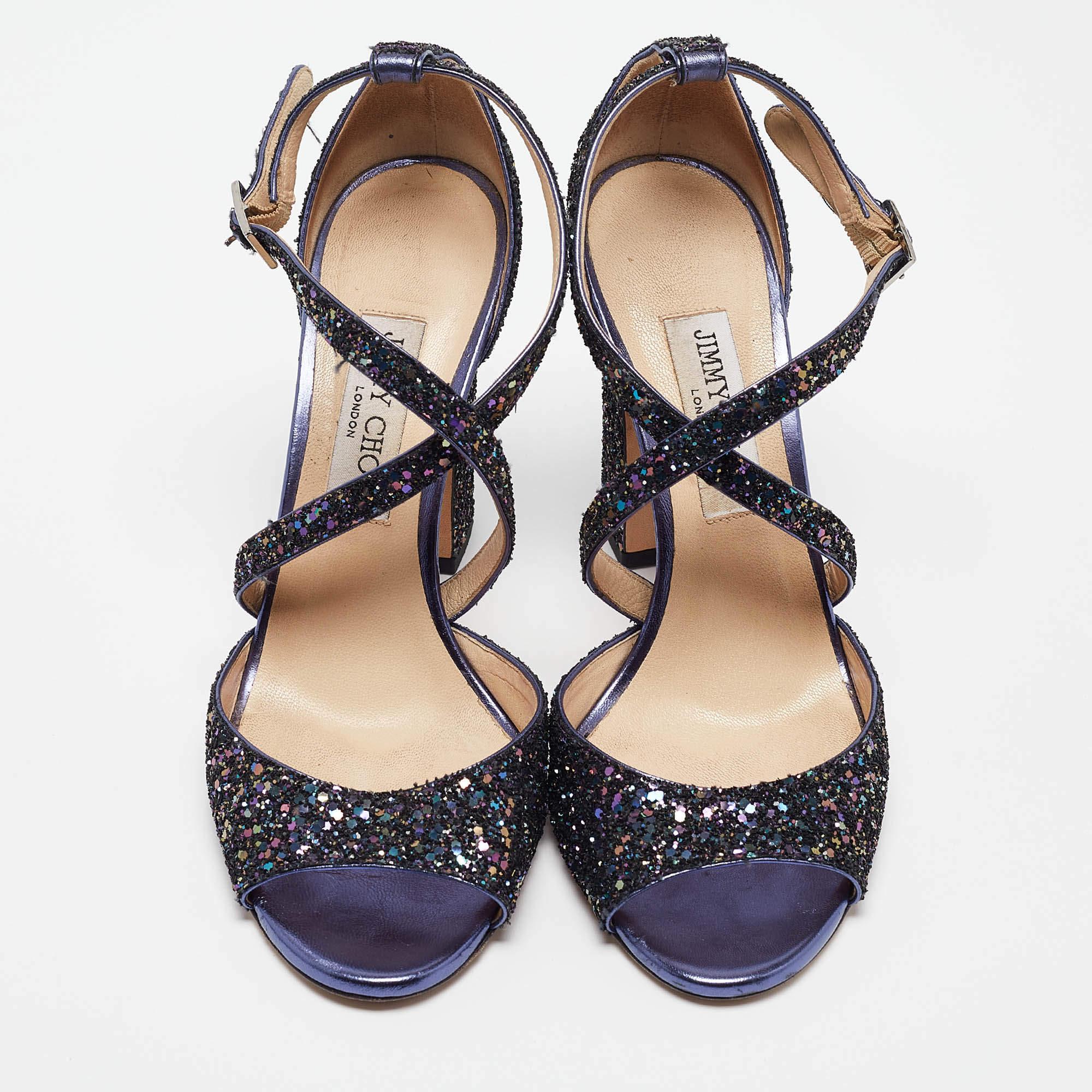 Nero Jimmy Choo Sandali Carrie viola con glitter grossolani misura 40