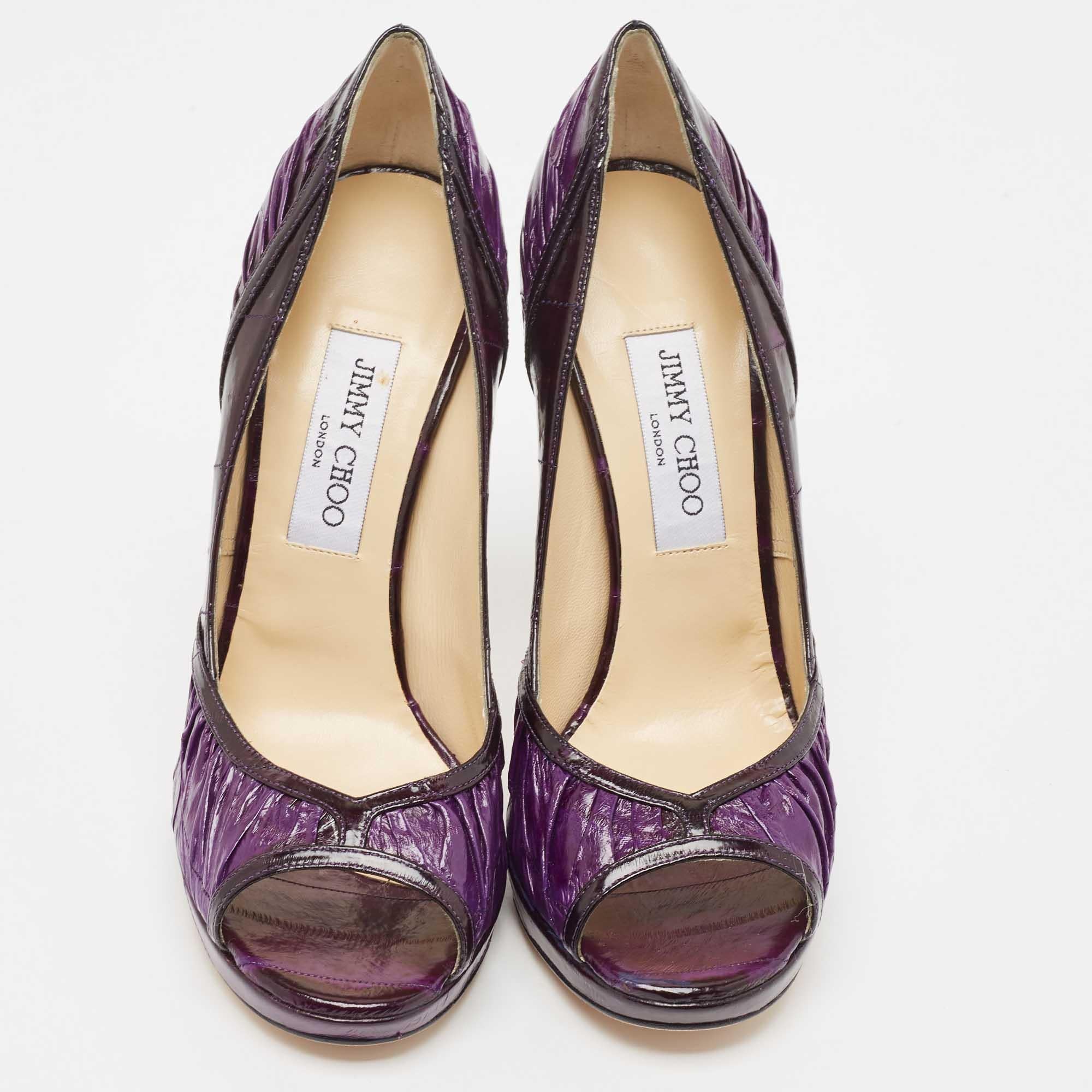 Women's Jimmy Choo Purple Eel Leather Peep Toe Pumps Size 39.5 For Sale