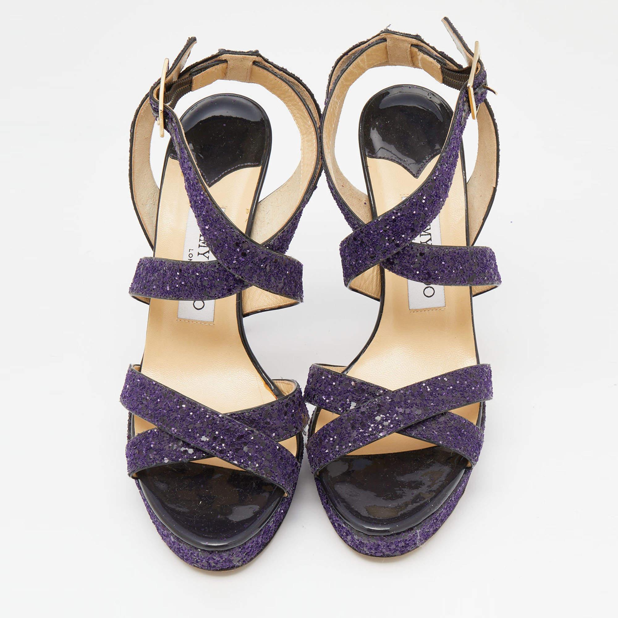 Black Jimmy Choo Purple Glitter Criss Cross Vamp Platform Sandals Size 39