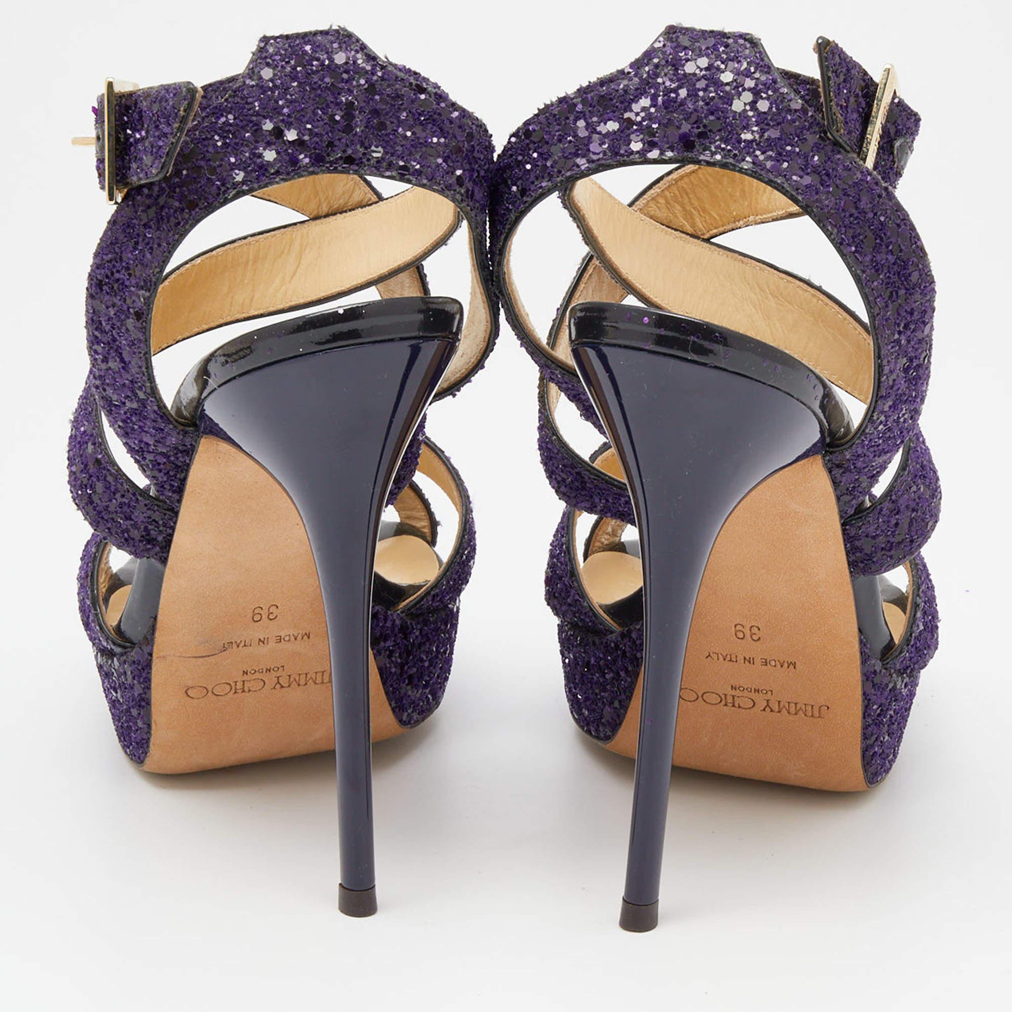 Women's Jimmy Choo Purple Glitter Criss Cross Vamp Platform Sandals Size 39