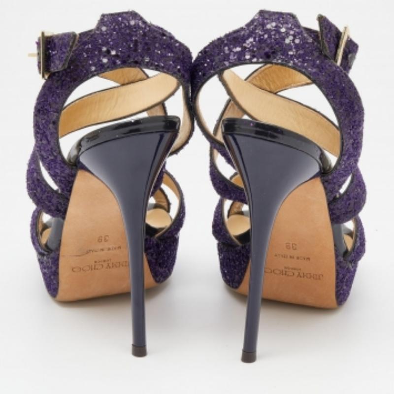 Jimmy Choo Sandali con plateau Criss Cross Vamp viola glitterati taglia 39 in vendita 1