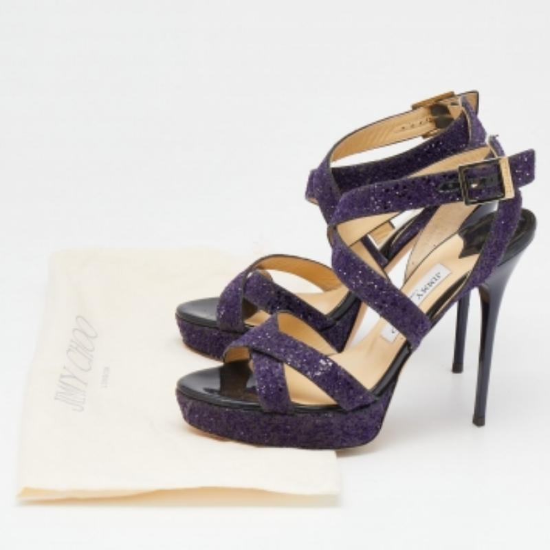 Jimmy Choo Sandali con plateau Criss Cross Vamp viola glitterati taglia 39 in vendita 3