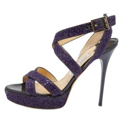 Jimmy Choo Purple Glitter Criss Cross Vamp Platform Sandals Size 39