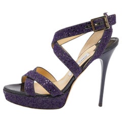 Jimmy Choo Purple Glitter Criss Cross Vamp Platform Sandals Size 39