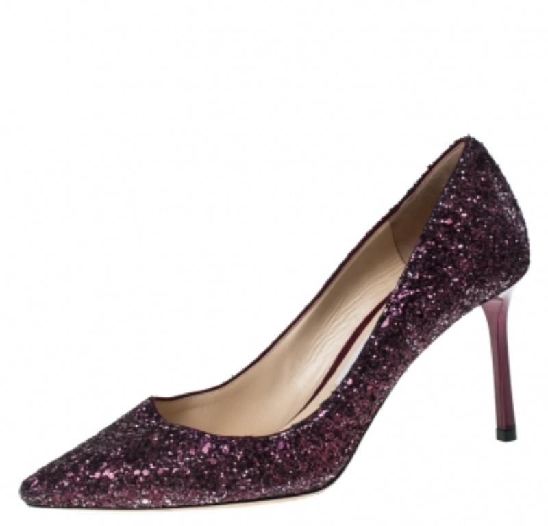 Jimmy Choo Lila Glitter Romy Spitze Zehenpumps Größe 37.5 im Angebot 1