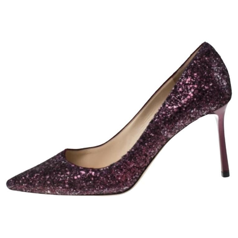 Jimmy Choo Lila Glitter Romy Spitze Zehenpumps Größe 37.5 im Angebot