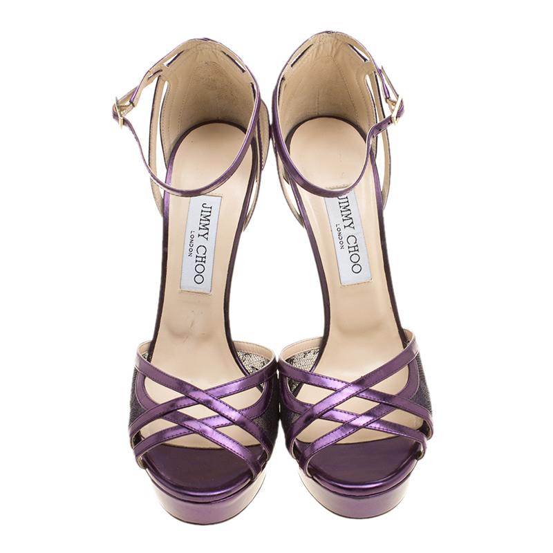 Brown Jimmy Choo Purple Leather and Lace Laurita Platform Ankle Strap Sandals Size 40