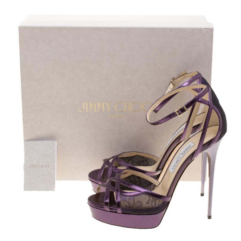 Jimmy Choo Purple Leather and Lace Laurita Platform Ankle Strap Sandals Size 40 3