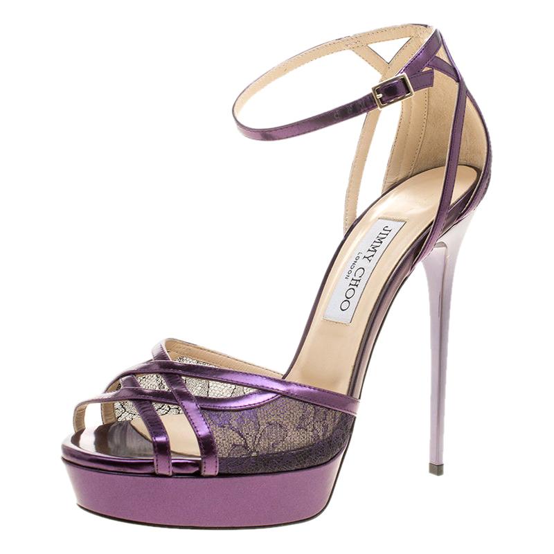 Jimmy Choo Purple Leather and Lace Laurita Platform Ankle Strap Sandals Size 40