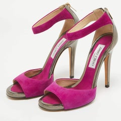 Jimmy Choo Purple/Metallic Grey Suede and Leather Ankle Strap Sandals Size 37.5