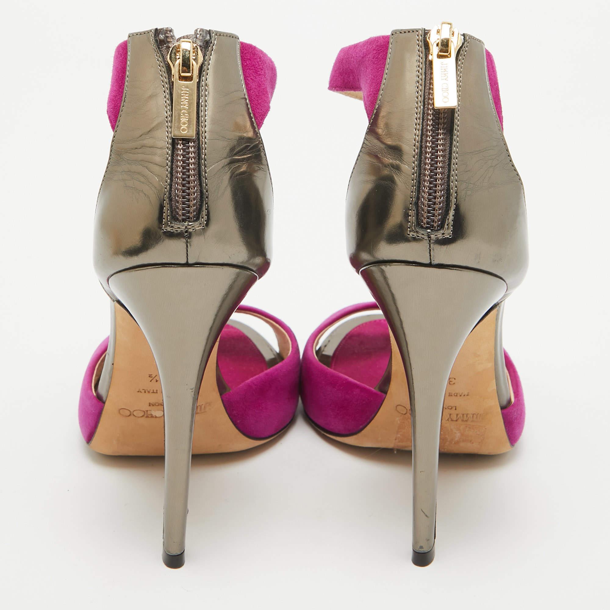 Women's Jimmy Choo Purple/Metallic Grey Suede and Leather Ankle Strap Sandals Size 37.5 For Sale
