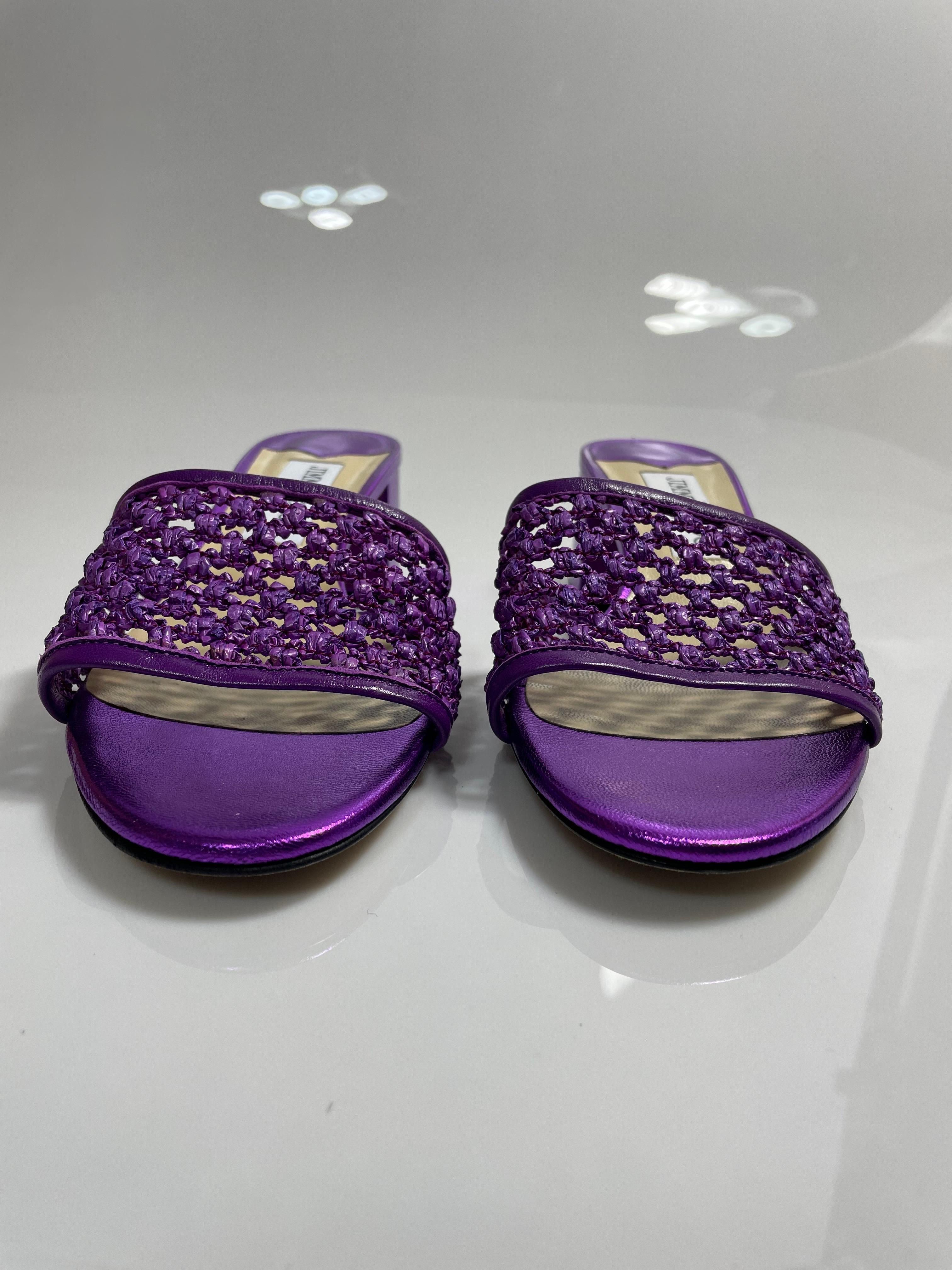 Jimmy Choo Purple Metallic Themis Raffia Slide Sandal-Size 37.5-NEW For Sale 7