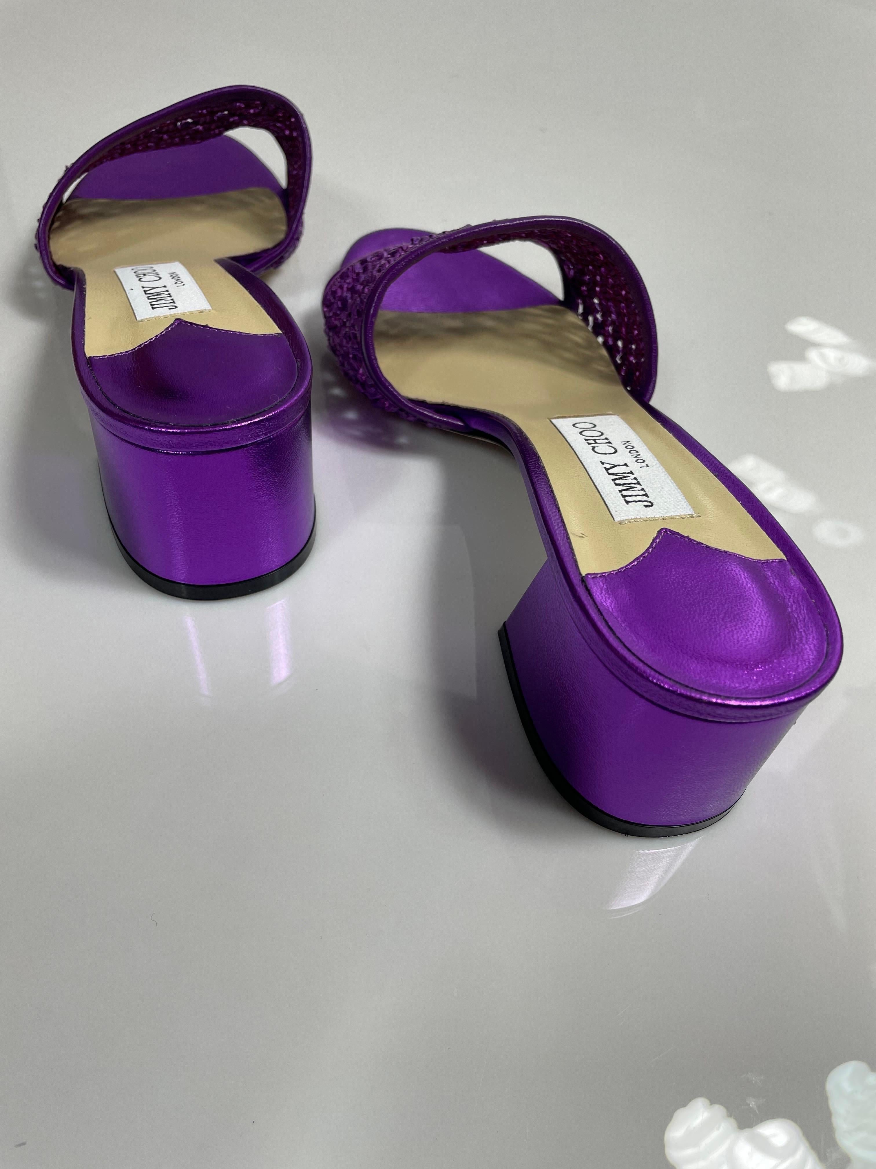 Jimmy Choo Purple Metallic Themis Raffia Slide Sandal-Size 37.5-NEW For Sale 8