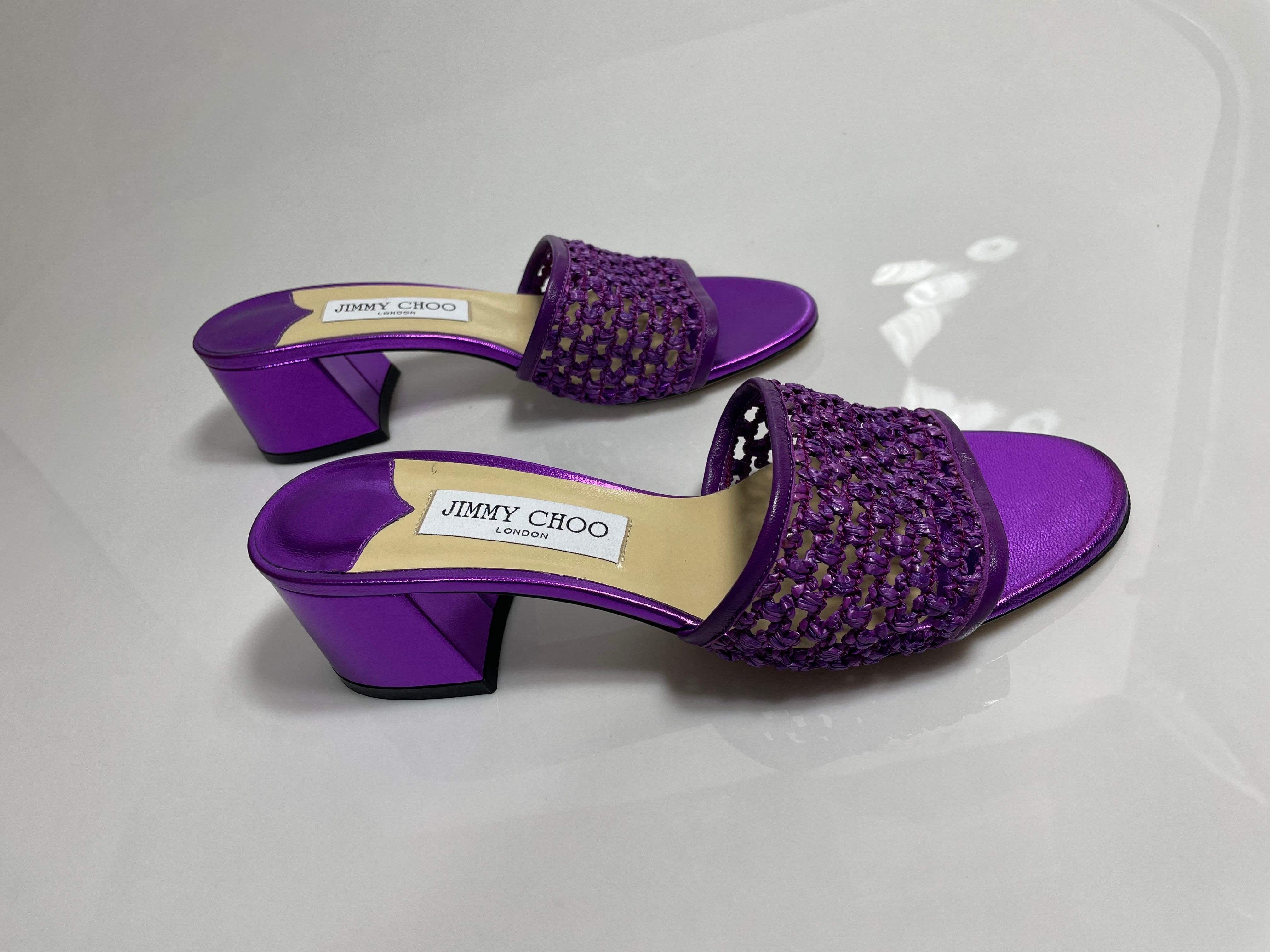 Women's Jimmy Choo Purple Metallic Themis Raffia Slide Sandal-Size 37.5-NEW For Sale