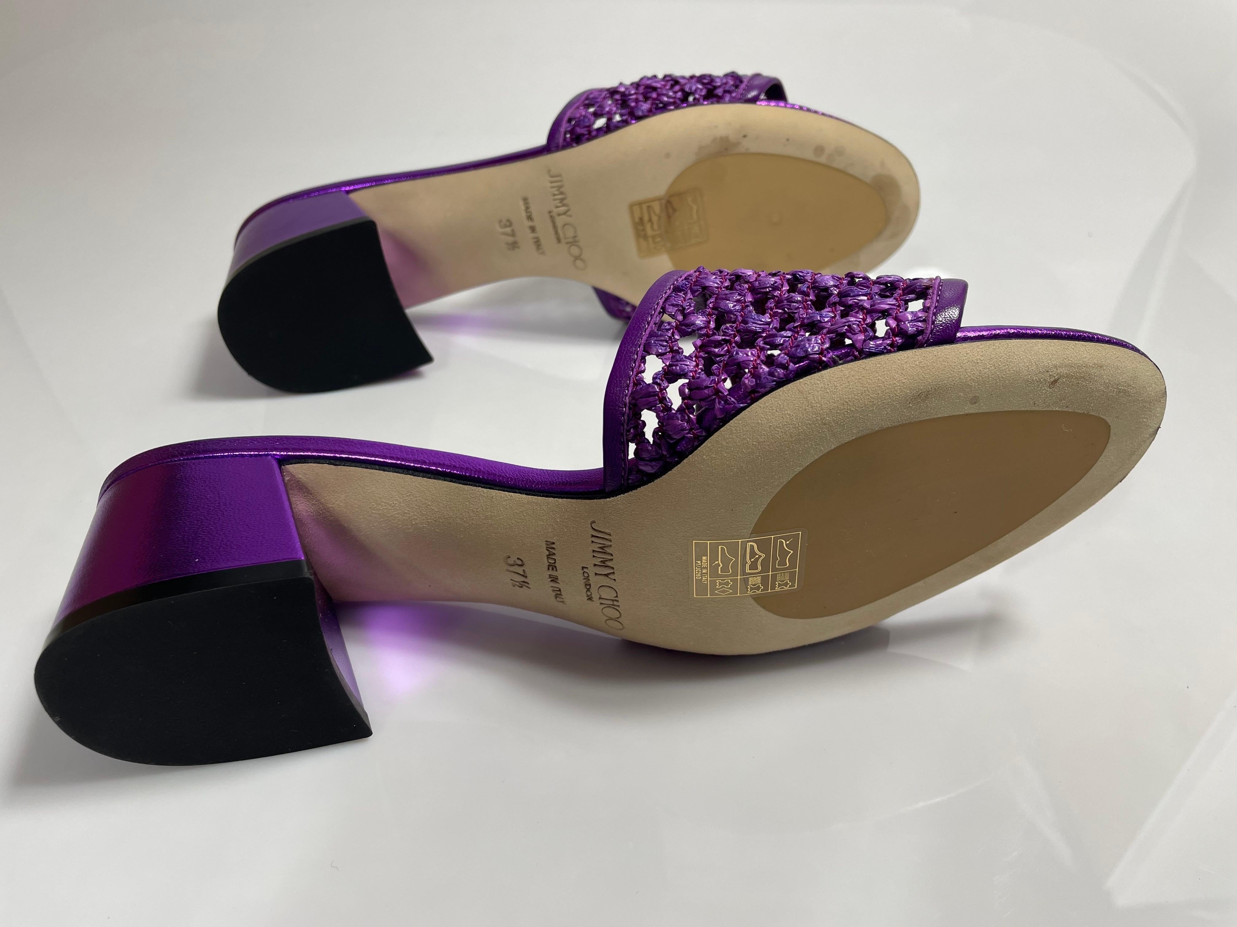 Jimmy Choo Purple Metallic Themis Raffia Slide Sandal-Size 37.5-NEW For Sale 1