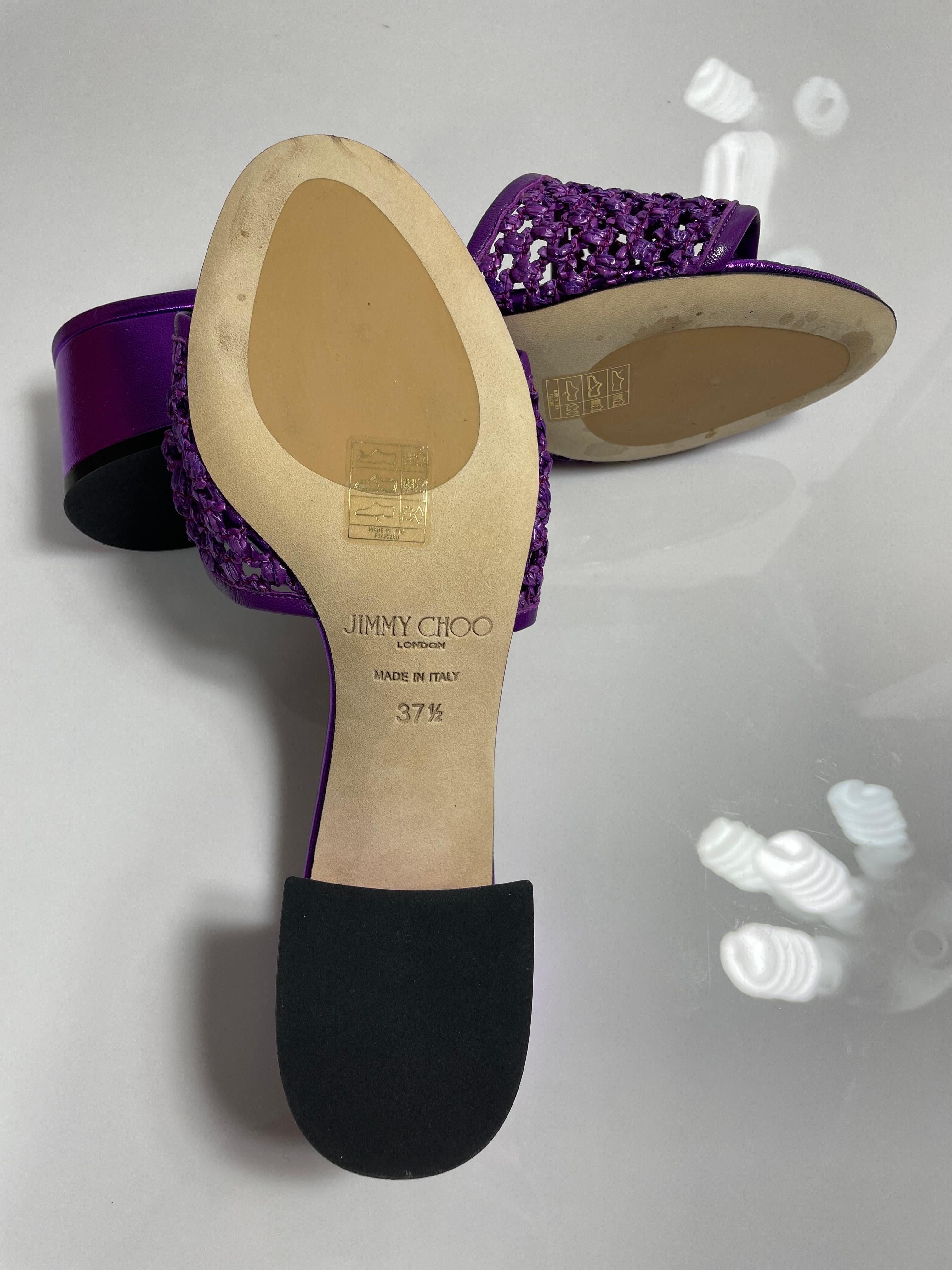 Jimmy Choo Purple Metallic Themis Raffia Slide Sandal-Size 37.5-NEW For Sale 2