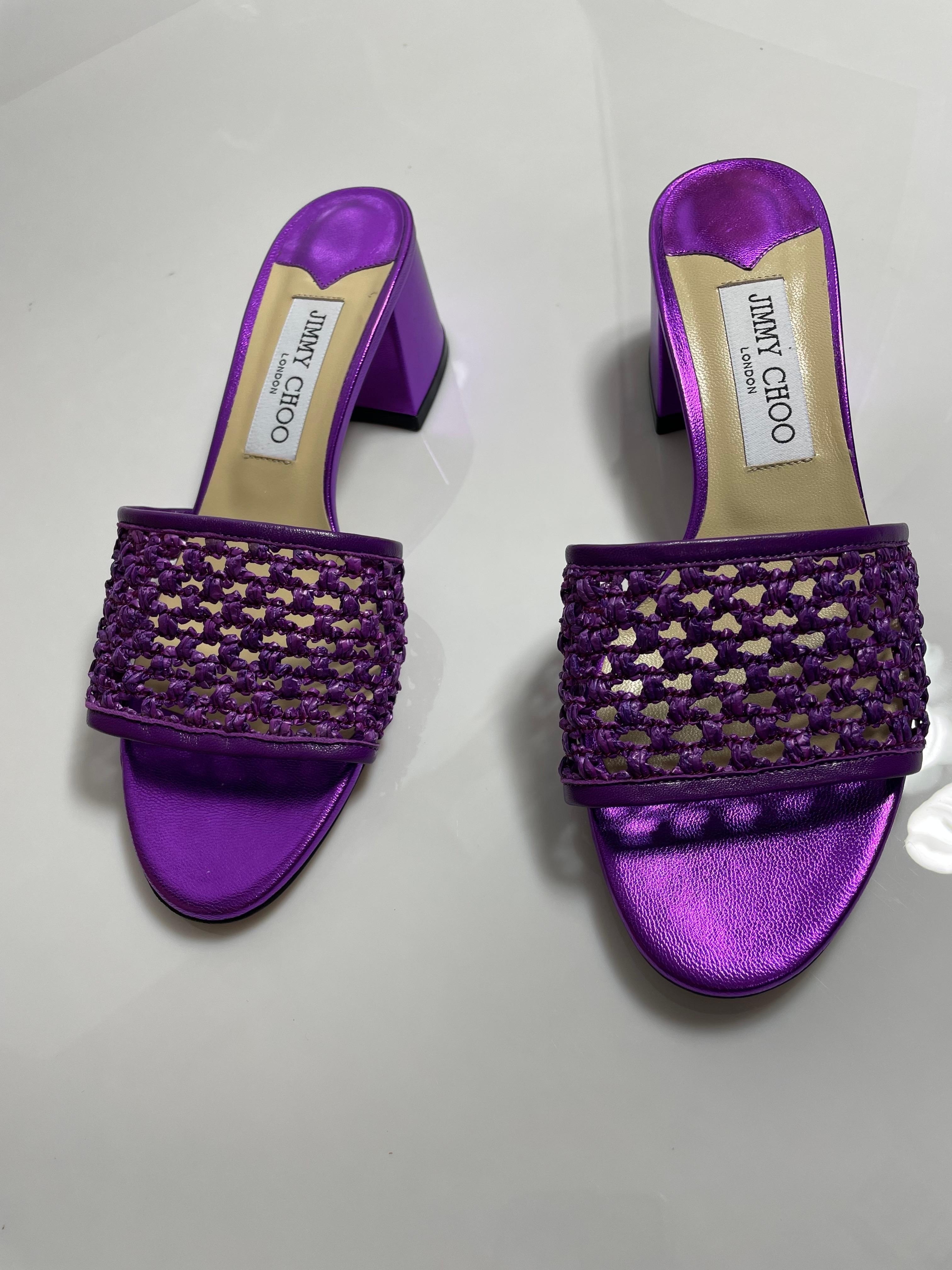 Jimmy Choo Purple Metallic Themis Raffia Slide Sandal-Size 37.5-NEW For Sale 3