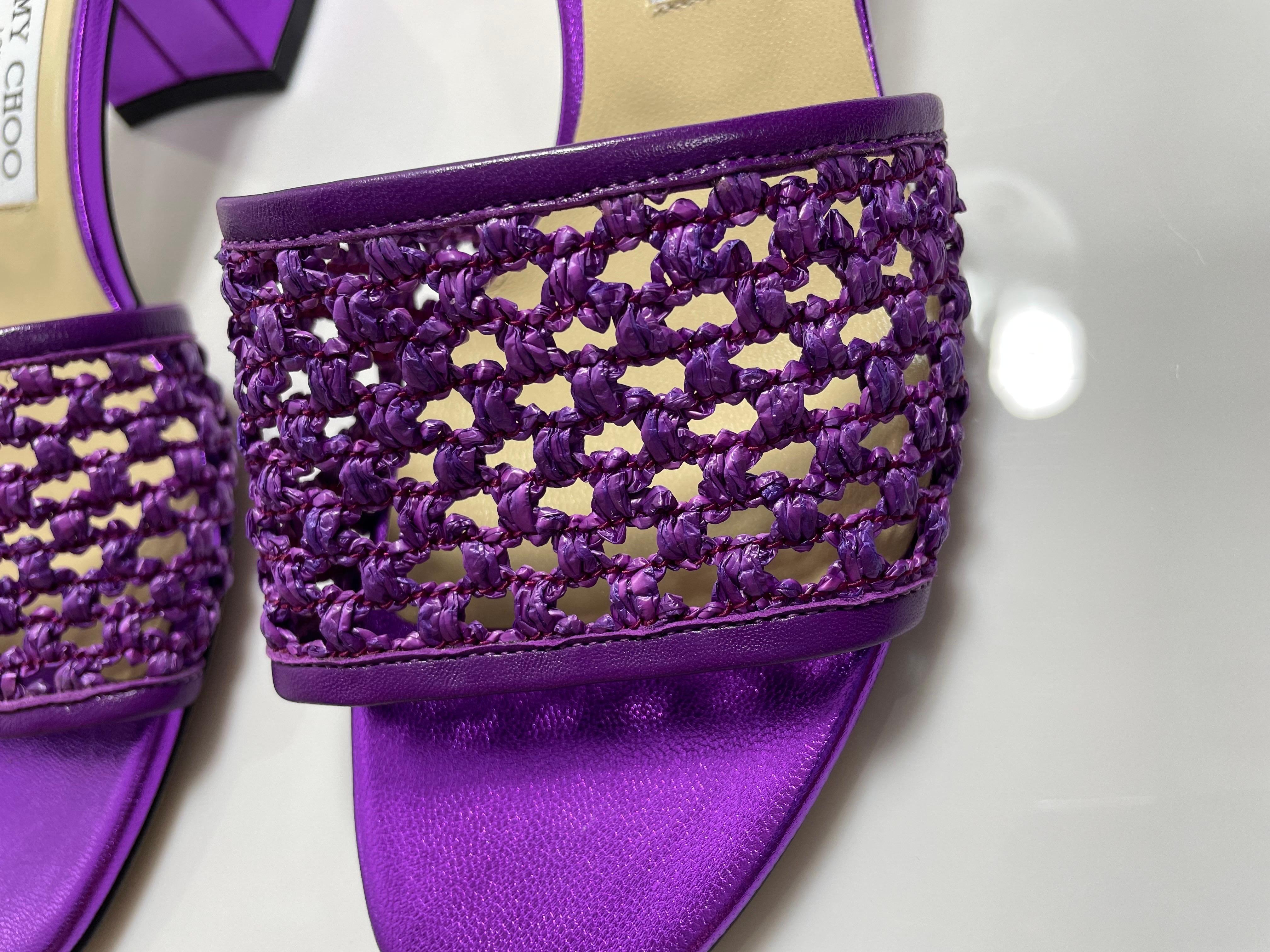 Jimmy Choo Purple Metallic Themis Raffia Slide Sandal-Size 37.5-NEW For Sale 4