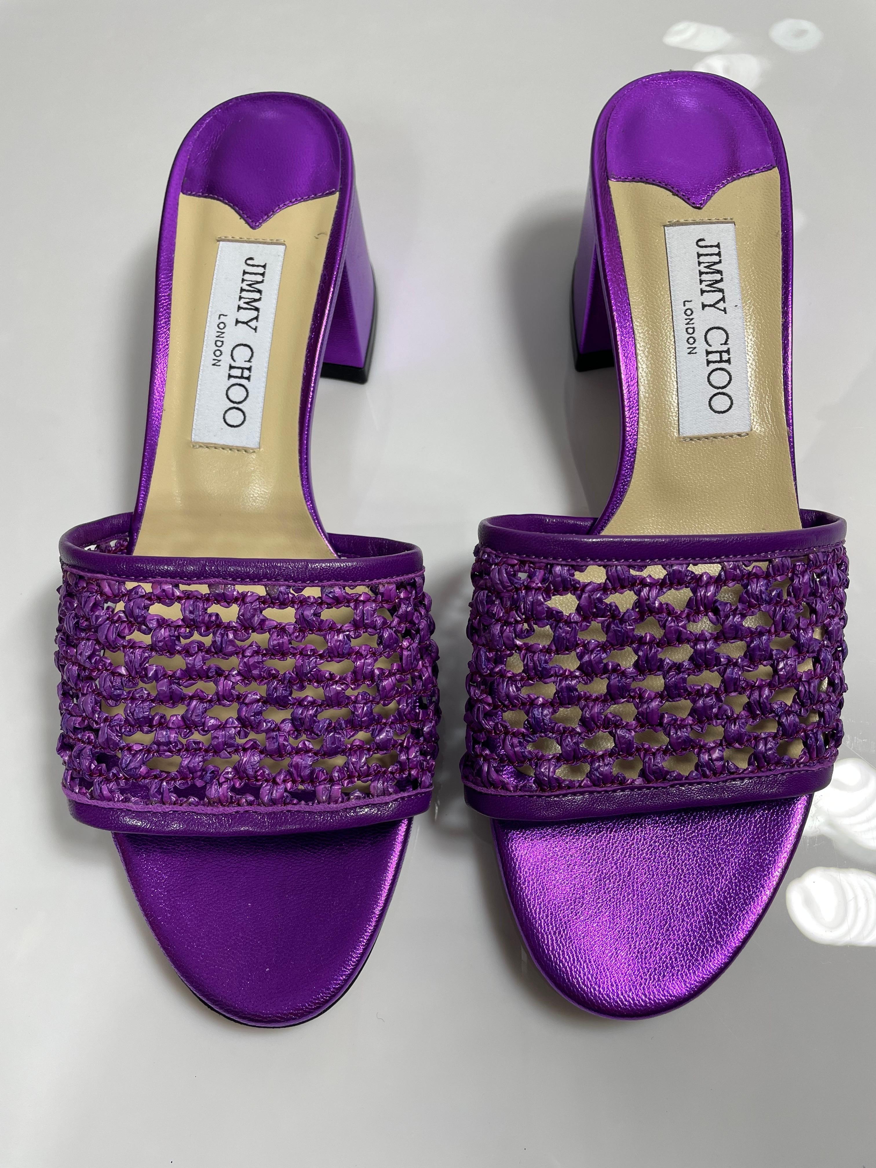 Jimmy Choo Purple Metallic Themis Raffia Slide Sandal-Size 37.5-NEW For Sale 6