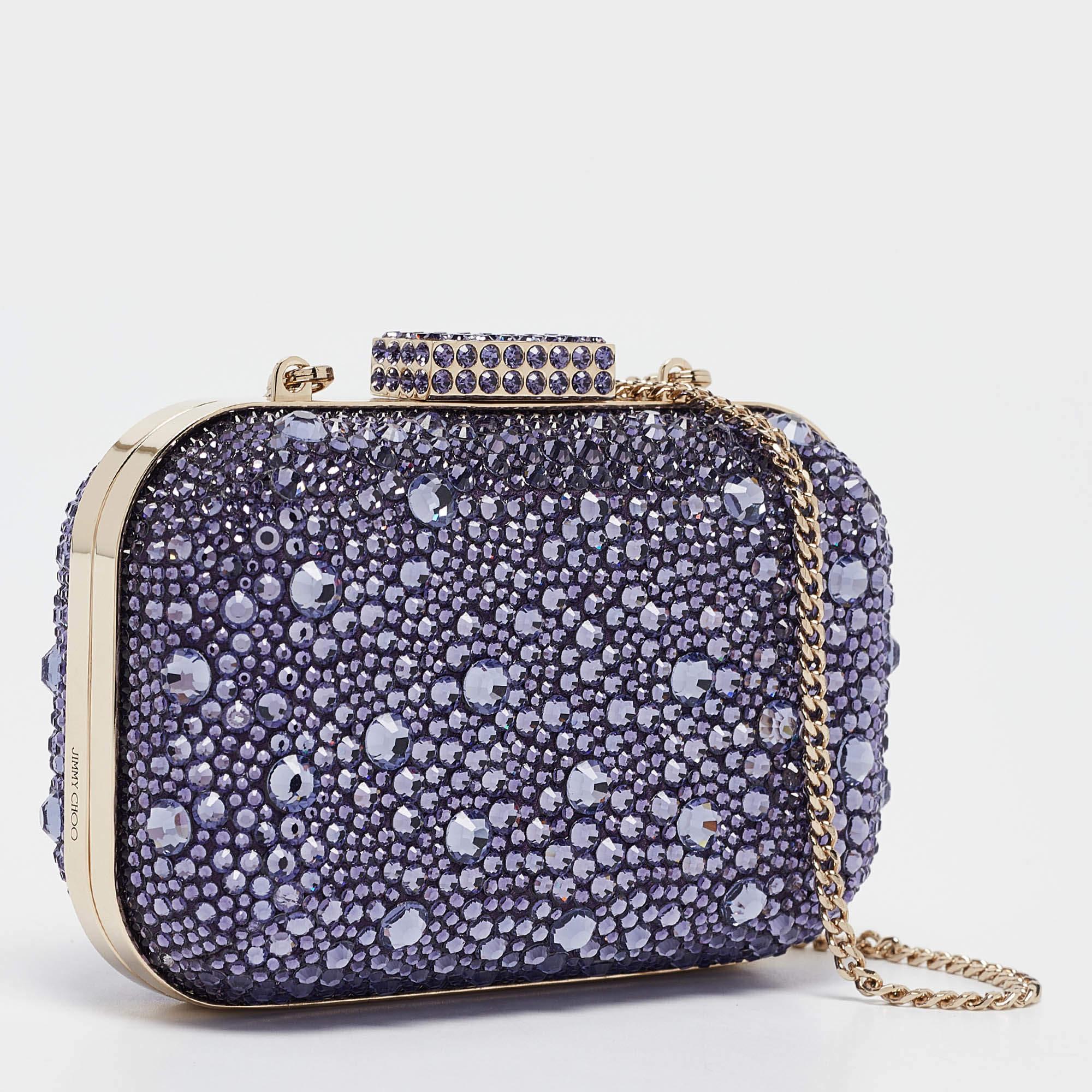 Black Jimmy Choo Purple Satin and Crystals Micro Cloud Chain Clutch