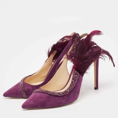 Jimmy Choo Purple Suede and Feather Tacey Slingback Pumps Size 40