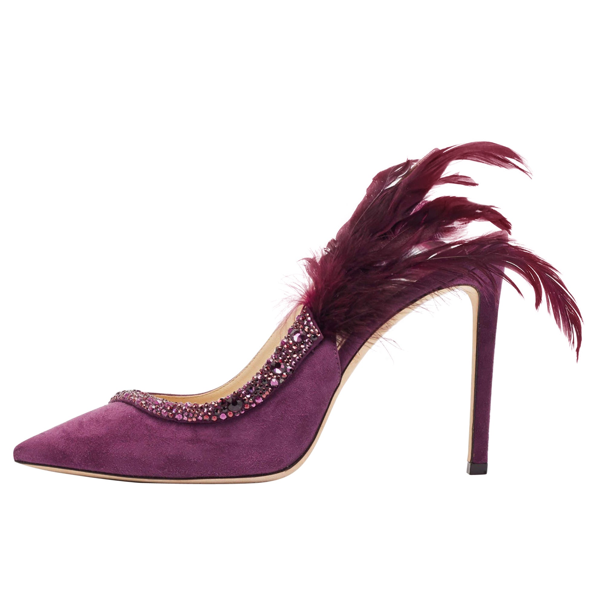 Jimmy Choo Purple Suede and Feather Tacey Slingback Pumps Size 40