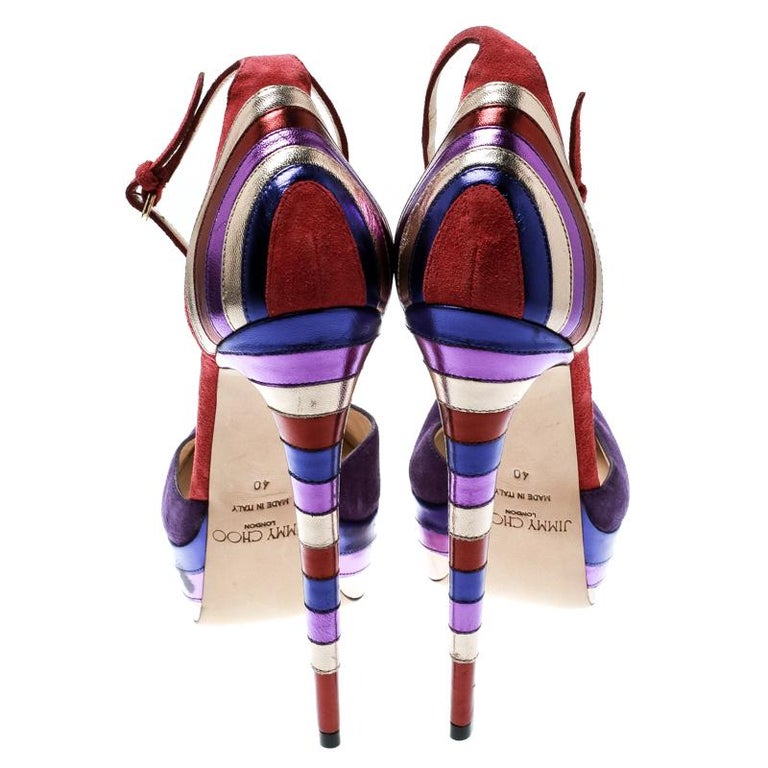Jimmy Choo Purple Suede and Metallic Macy Ankle Strap Platform Sandals Size 40 For Sale at 1stDibs