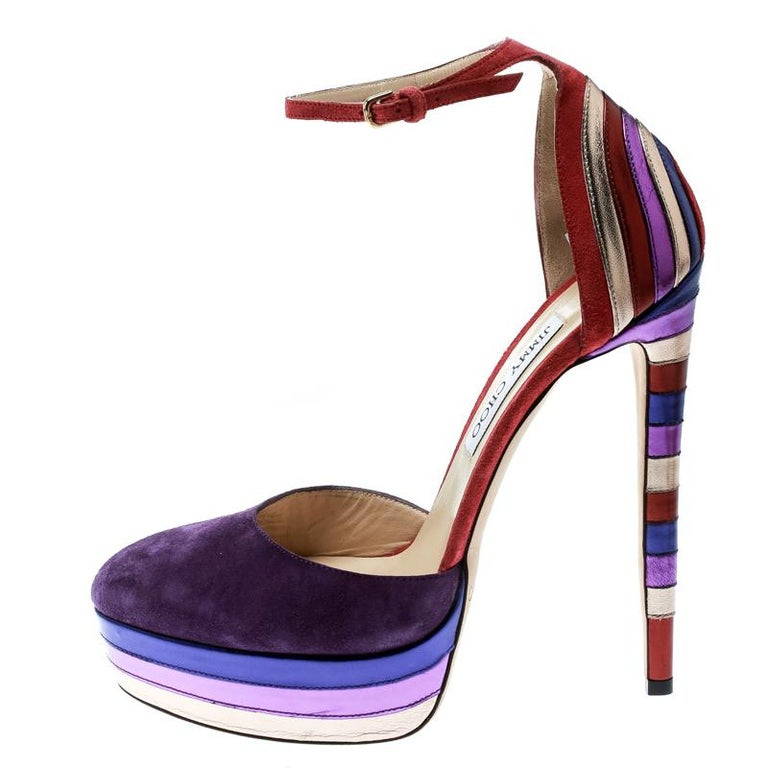 Jimmy Choo Purple Suede and Metallic Macy Ankle Strap Platform Sandals Size 40 For Sale at 1stDibs