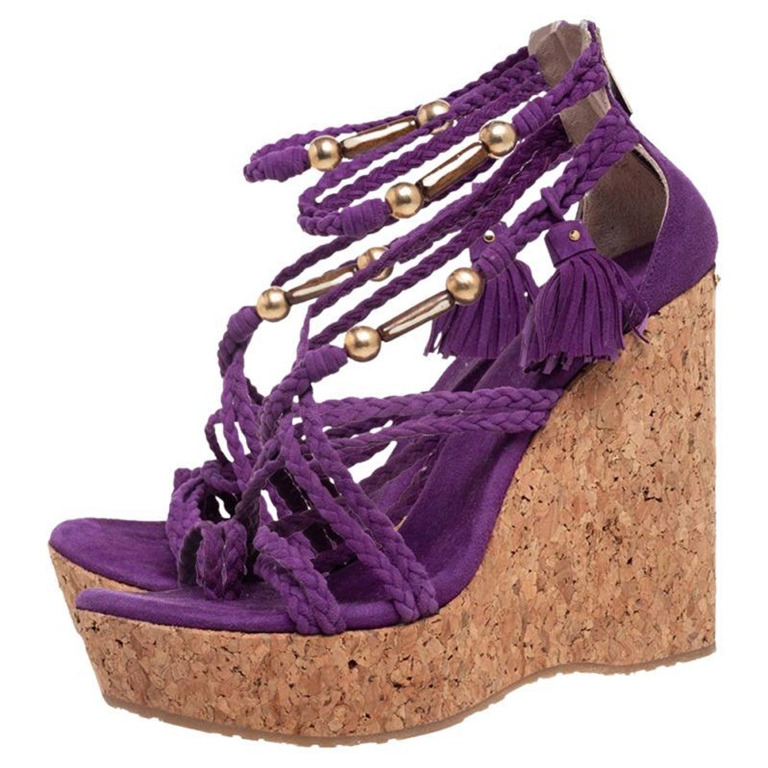 Jimmy Choo Purple Suede Braided Suede Cork Wedge Platform Sandals Size 38  For Sale at 1stDibs | purple wedges, purple wedge sandals
