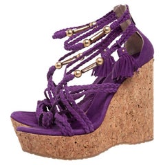 Jimmy Choo Purple Suede Braided Suede Cork Wedge Platform Sandals Size 38