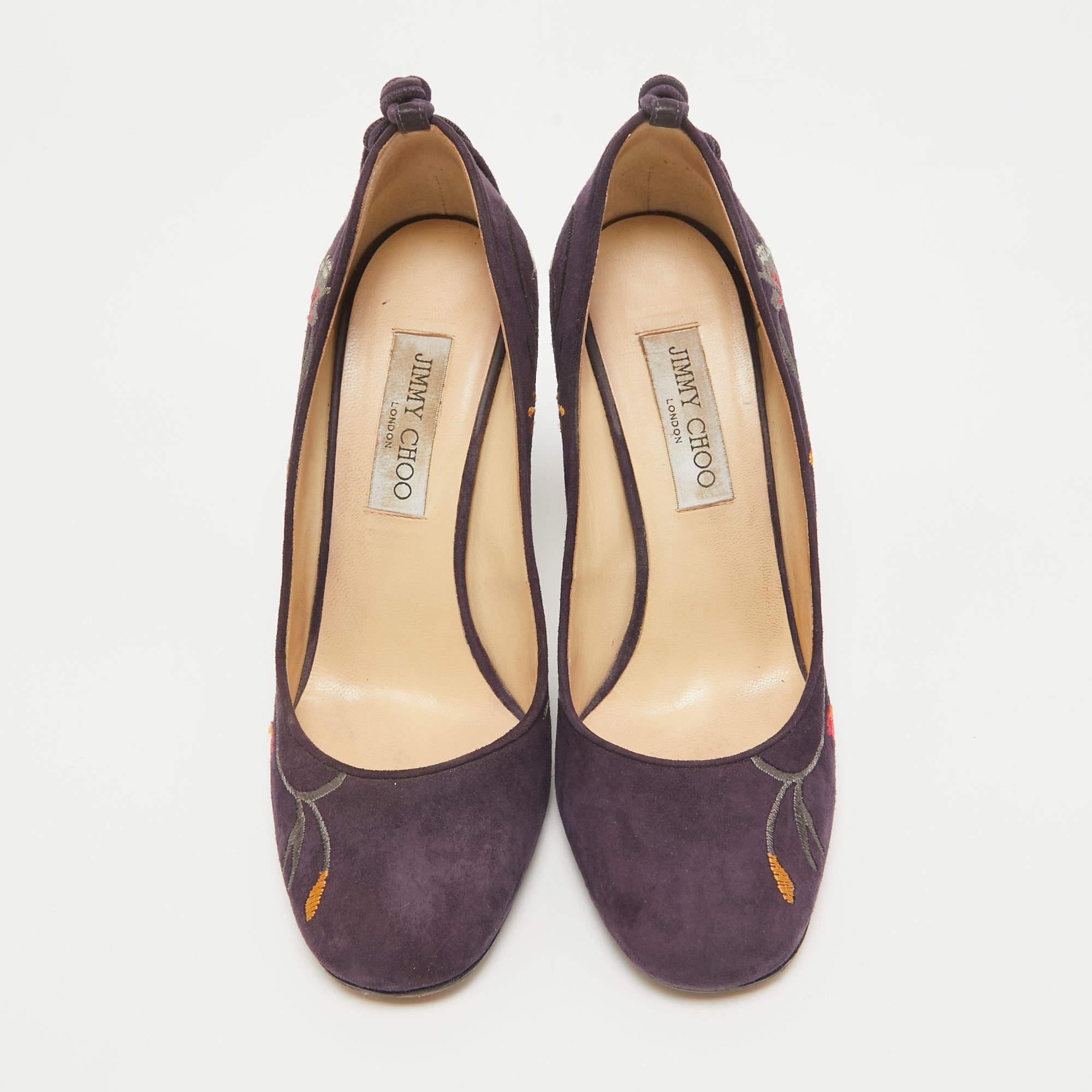 Black Jimmy Choo Purple Suede Embroidered Chelan Ankle Wrap Pumps Size 38.5