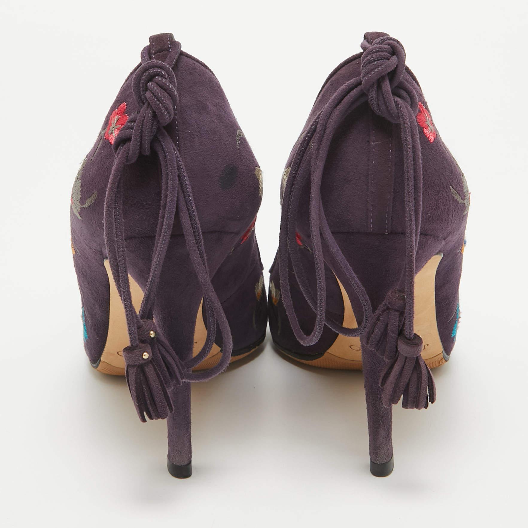 Women's Jimmy Choo Purple Suede Embroidered Chelan Ankle Wrap Pumps Size 38.5