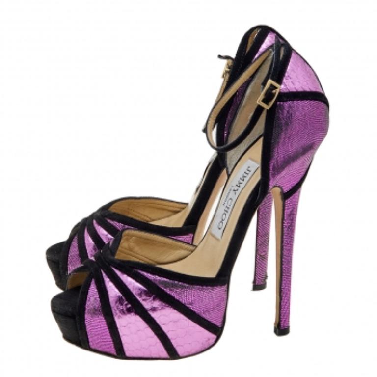Jimmy Choo Python Embossed Leather & Suede Platform Ankle Strap Sandals Size 36 For Sale 5