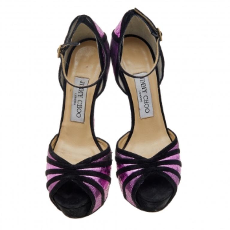Black Jimmy Choo Python Embossed Leather & Suede Platform Ankle Strap Sandals Size 36 For Sale